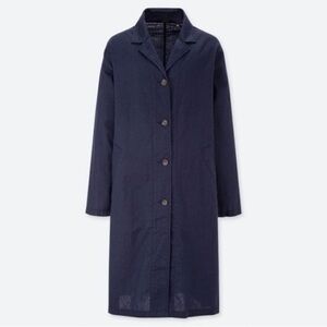Uniqlo linen Navy Blue Button-Up Long Coat slanted pockets